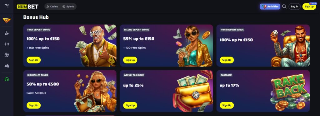 Die Webseite von BDM BET präsentiert eine Vielzahl von Bonusangeboten für Casino- und Sportwetten. Zu den Promotionen gehören Boni für die erste, zweite und dritte Einzahlung, ein Highroller-Bonus sowie wöchentliche Cashback- und Rakeback-Boni. Die ansprechende visuelle Gestaltung mit farbenfrohen Grafiken und dynamischen Elementen hebt die verschiedenen Aktionen hervor.