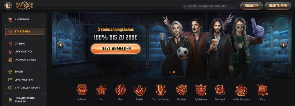 Die Gransino Casino-Plattform präsentiert eine moderne und benutzerfreundliche Oberfläche mit vielfältigen Spieloptionen. Links befindet sich ein intuitives Menü mit Kategorien wie Aktionen, Casinos ohne OASIS, Live-Casino, Jackpot-Spiele, Sportwetten und mehr. Im Mittelpunkt steht ein attraktiver Willkommensbonus von 100% bis zu 200€, untermalt durch einen gut sichtbaren Button mit der Aufforderung „Jetzt Anmelden“. Die untere Sektion der Seite enthält Symbole für verschiedene Spiele wie Roulette, Blackjack, Spielshows und Slots.