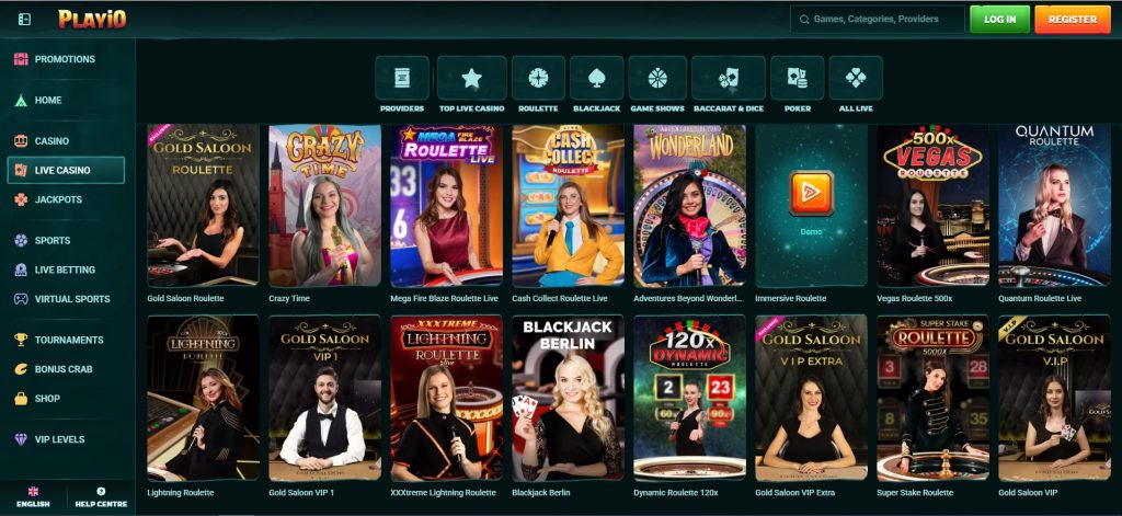Casino-Website mit einer Vielzahl an Live-Casino-Spielen, darunter Gold Saloon Roulette, Crazy Time und Mega Fire Blaze Roulette Live. Die übersichtliche Navigation bietet Kategorien wie Casino, Live Casino, Jackpots und Sportwetten. Perfekt für Spieler, die Casinos ohne OASIS suchen.