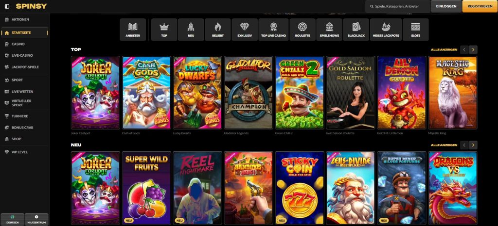 Spinsy Casino-Website, die eine breite Auswahl an beliebten Spielautomaten und Spielen zeigt. Zu den angezeigten Spielen gehören unter anderem Joker Cashpot, Cash of Gods, Lucky Dwarfs, und Gladiator Legends. Perfekt für Spieler, die Casinos ohne OASIS suchen.